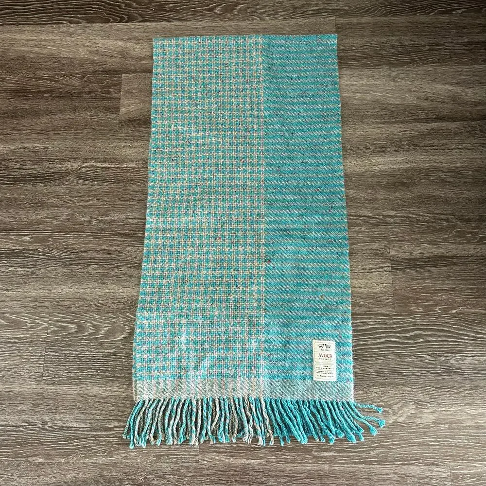 Avoca 100% Wool Blanket Scarf Aqua Blue Fringe Ireland Wrap Irish Wool